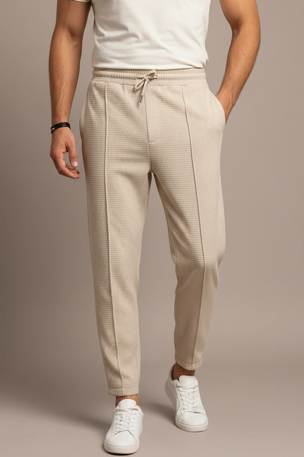 Pantalon Parachute Beige Texturé Slim Décontracté Cordon - Maille