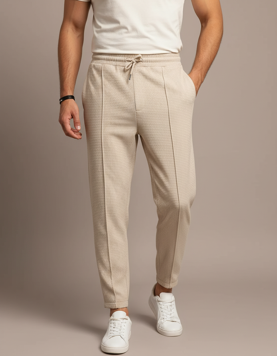 Pantalon Parachute Beige Texturé Slim Décontracté Cordon - Maille