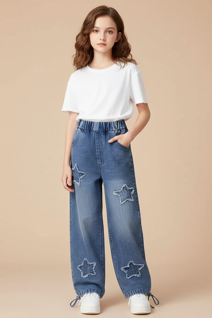Pantalon Parachute Denim Ample Étoiles Fille Décontracté Bleu - Jean