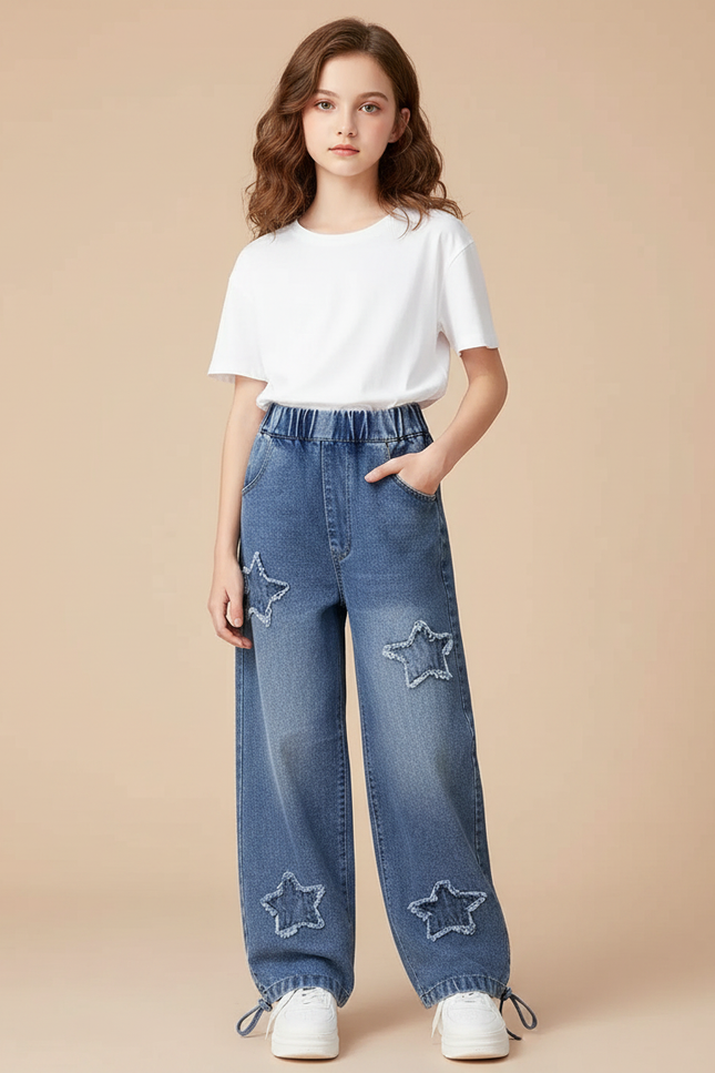 Pantalon Parachute Denim Ample Étoiles Fille Décontracté Bleu - Jean