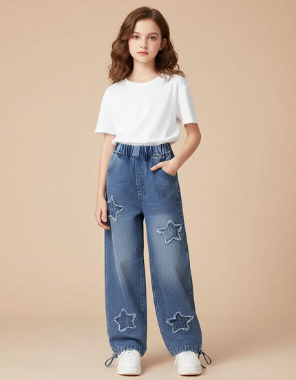 Pantalon Parachute Denim Ample Étoiles Fille Décontracté Bleu - Jean