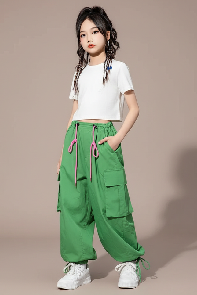 Pantalon Parachute Vert Ample Cargo Coréen Fille - Polyester