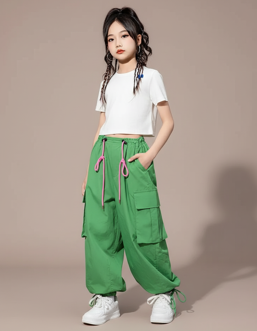 Pantalon Parachute Vert Ample Cargo Coréen Fille - Polyester