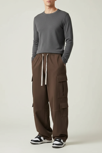Pantalon Parachute Marron Ample Coton Cargo Décontracté Homme