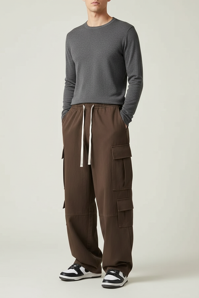 Pantalon Parachute Marron Ample Coton Cargo Décontracté Homme