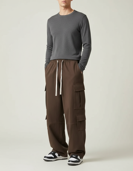Pantalon Parachute Marron Ample Coton Cargo Décontracté Homme