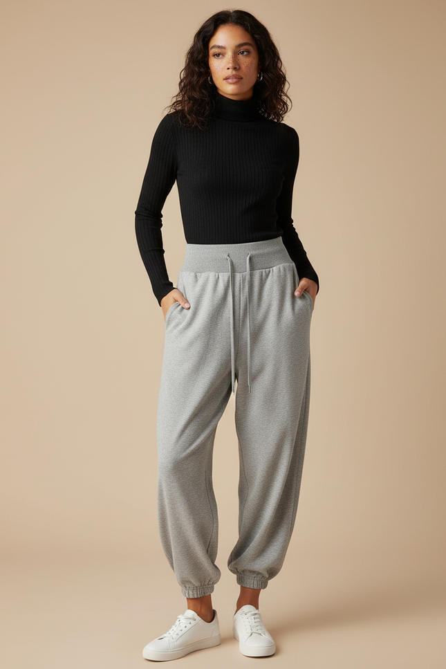 Pantalon Parachute Gris Ample Drapé Décontracté Molleton