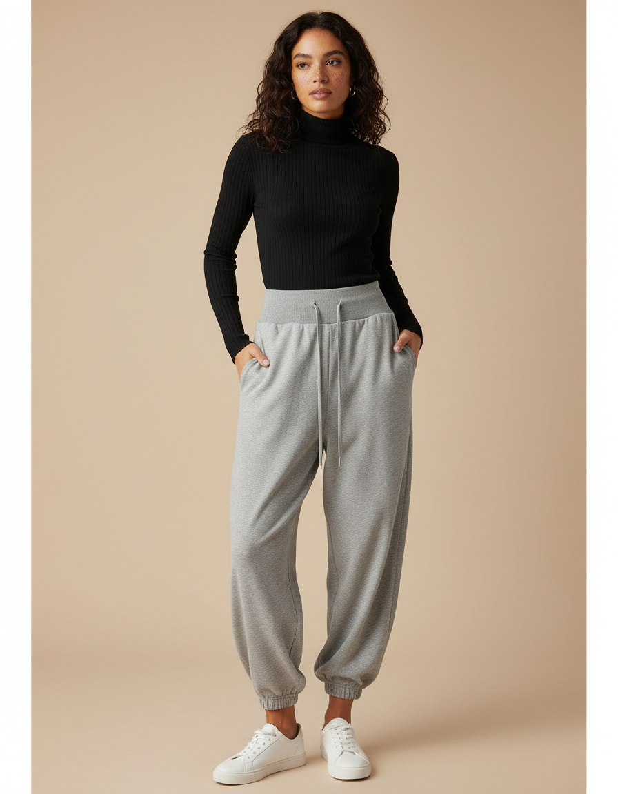 Pantalon Parachute Gris Ample Drapé Décontracté Molleton