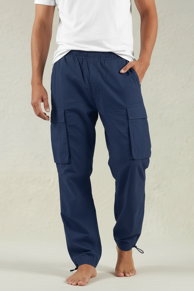 Pantalon Parachute Bleu Marine Cargo Ample Cordon Homme - Polyester