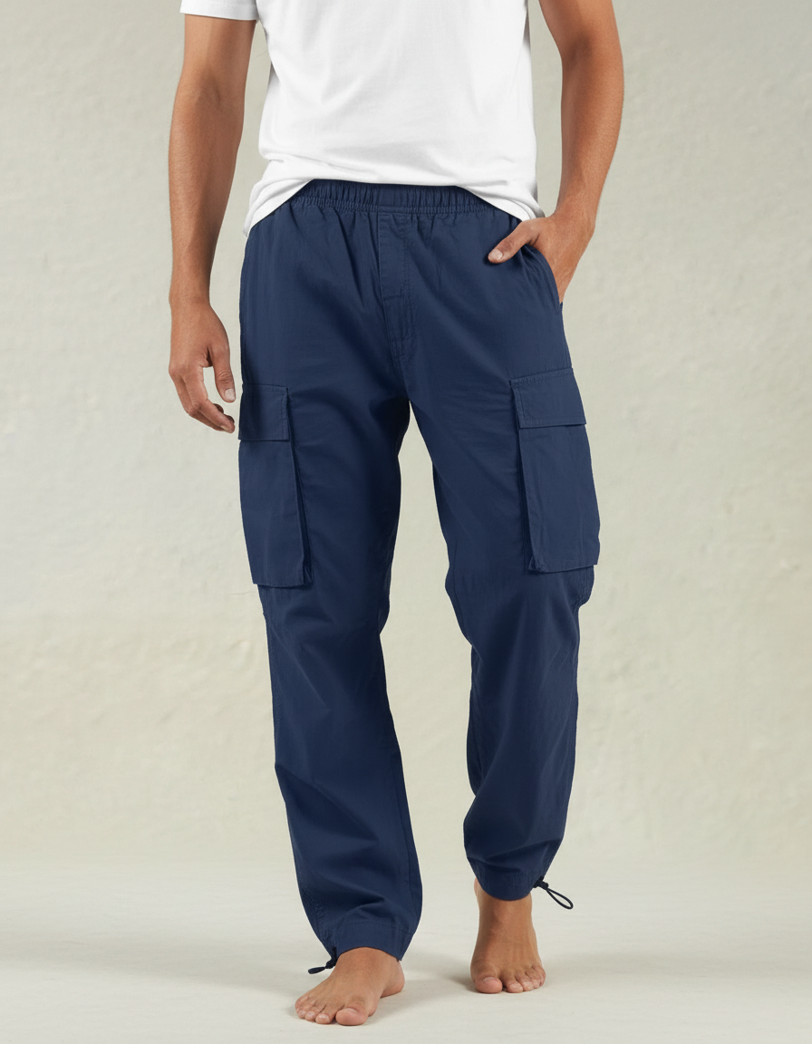 Pantalon Parachute Bleu Marine Cargo Ample Cordon Homme - Polyester