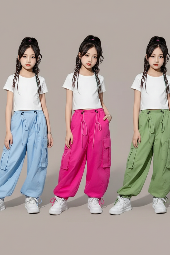 Pantalon Parachute Fluide Ample Cargo Fille Style Coréen - Bleu Polyester