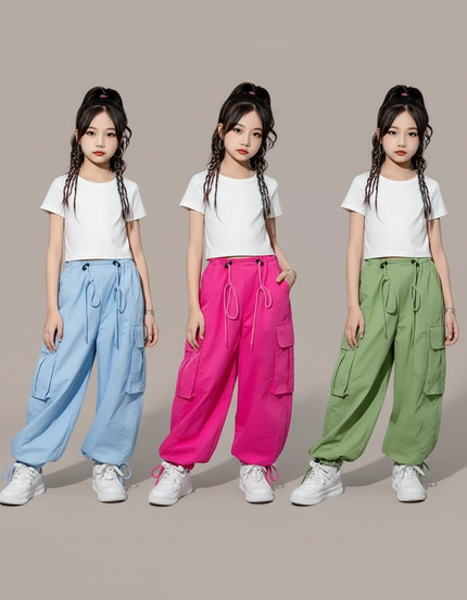 Pantalon Parachute Fluide Ample Cargo Fille Style Coréen - Bleu Polyester