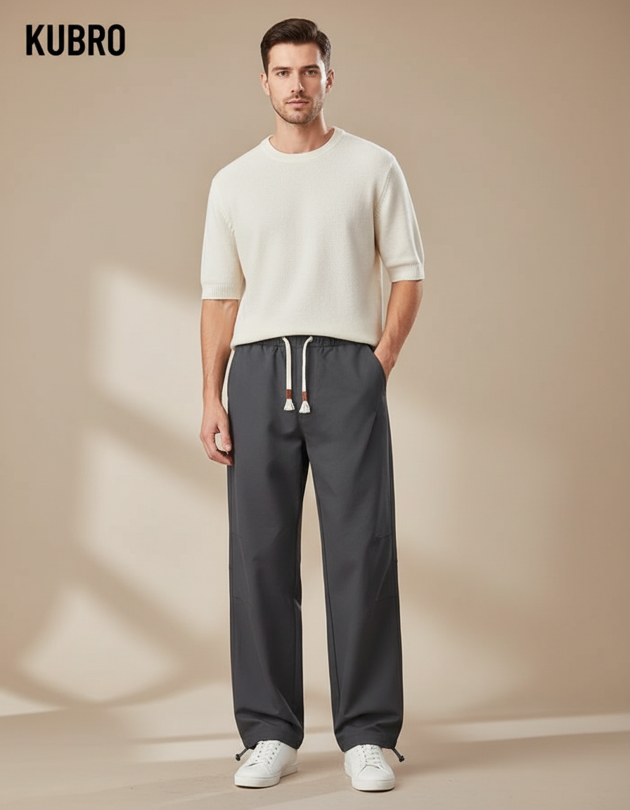 Pantalon Parachute Gris Ample Coton Décontracté Cordon