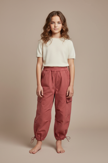Pantalon Parachute Enfant Cargo Coton Ample Rose