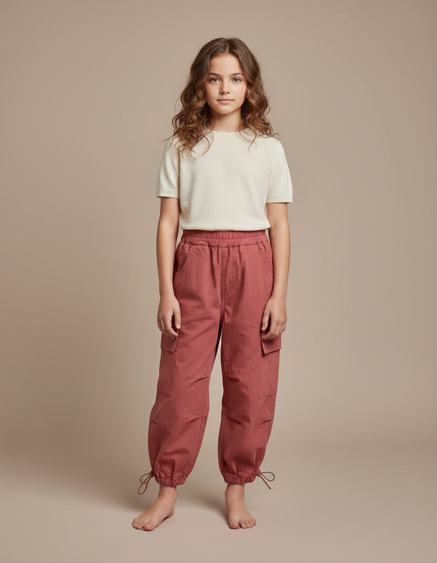 Pantalon Parachute Enfant Cargo Coton Ample Rose