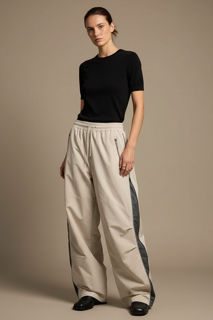 Pantalon Parachute Beige Ample Cargo Zippé Streetwear - Polyester
