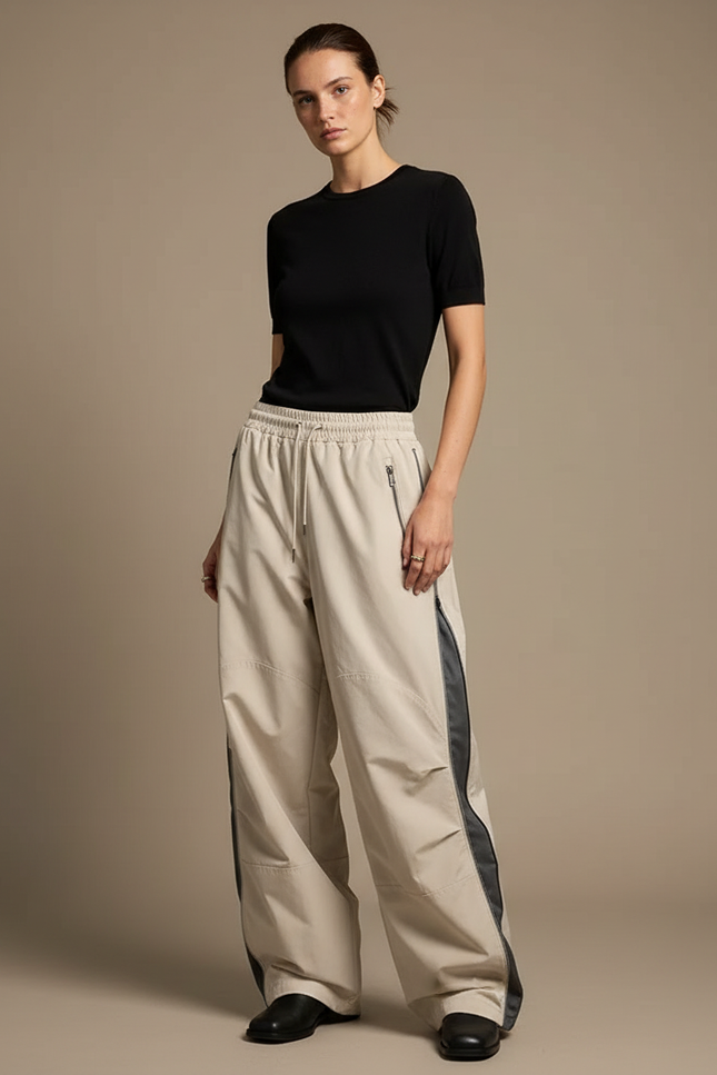 Pantalon Parachute Beige Ample Cargo Zippé Streetwear - Polyester