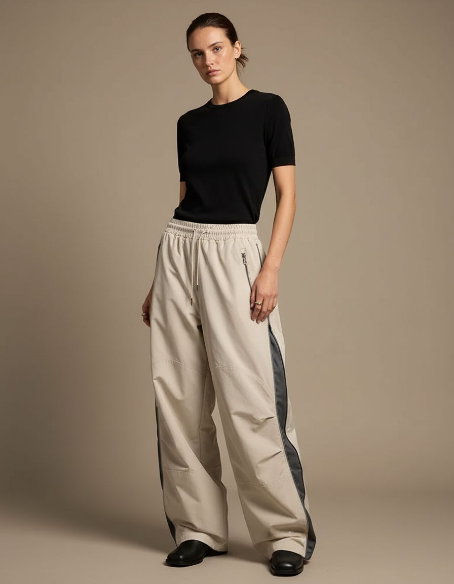 Pantalon Parachute Beige Ample Cargo Zippé Streetwear - Polyester