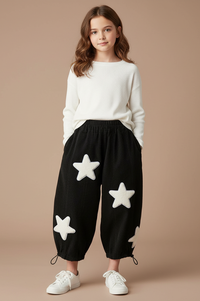 Pantalon Parachute Noir Ample Étoiles Blanches Enfant - Cordé