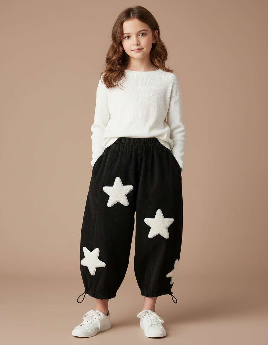 Pantalon Parachute Noir Ample Étoiles Blanches Enfant - Cordé