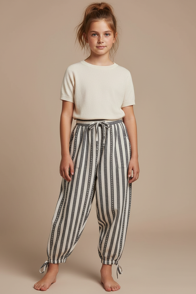 Pantalon Parachute Rayé Ample Cordon Décontracté Fille - Multicolore Maille