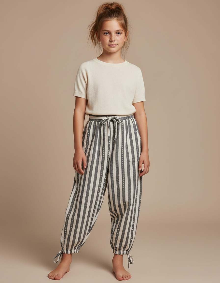 Pantalon Parachute Rayé Ample Cordon Décontracté Fille - Multicolore Maille