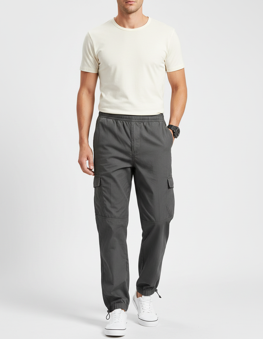 Pantalon Parachute Gris Cargo Cordon Ample Coton Homme