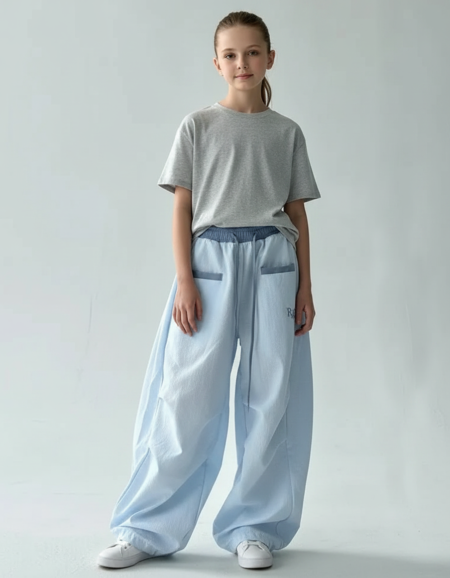 Pantalon Parachute Bleu Ciel Ample Décontracté Coton