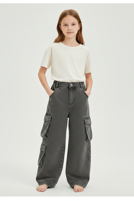 Pantalon Parachute Gris Ample Cargo Enfant - Jean