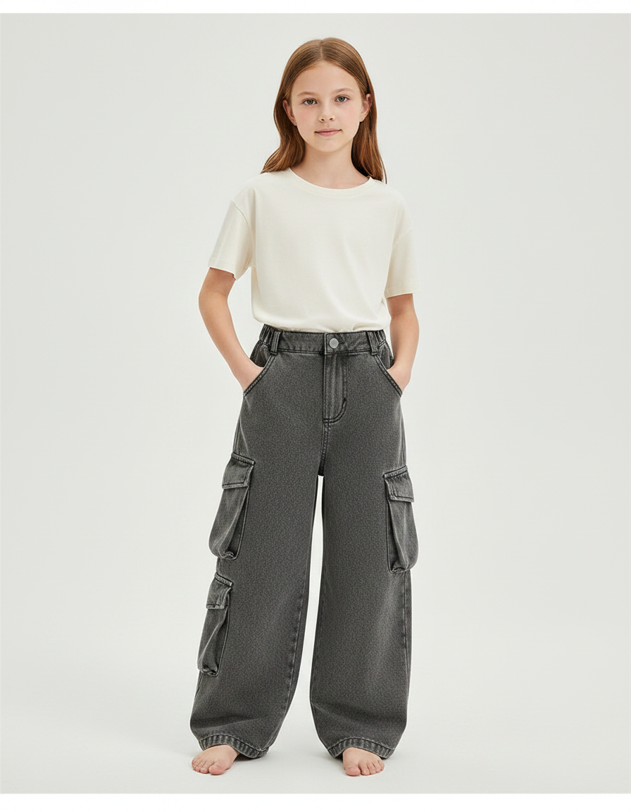 Pantalon Parachute Gris Ample Cargo Enfant - Jean