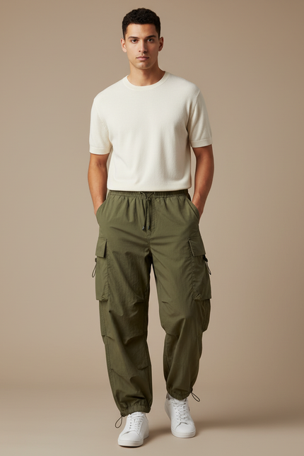 Pantalon Parachute Kaki Cargo Ample Homme Sportif - Polyester