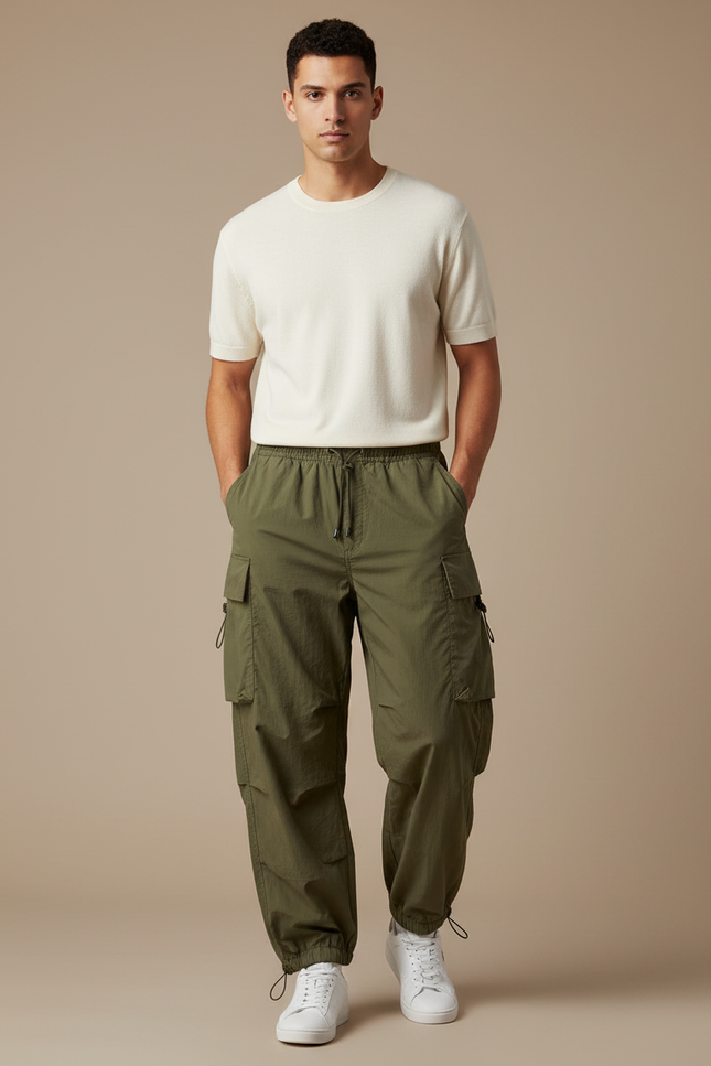 Pantalon Parachute Kaki Cargo Ample Homme Sportif - Polyester