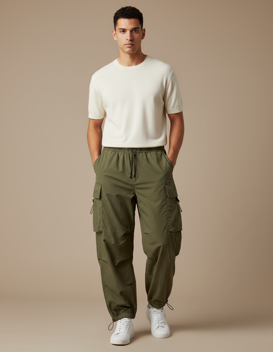 Pantalon Parachute Kaki Cargo Ample Homme Sportif - Polyester