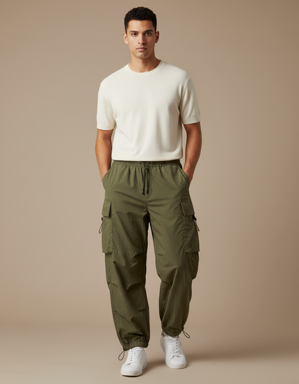 Pantalon Parachute Kaki Cargo Ample Homme Sportif - Polyester