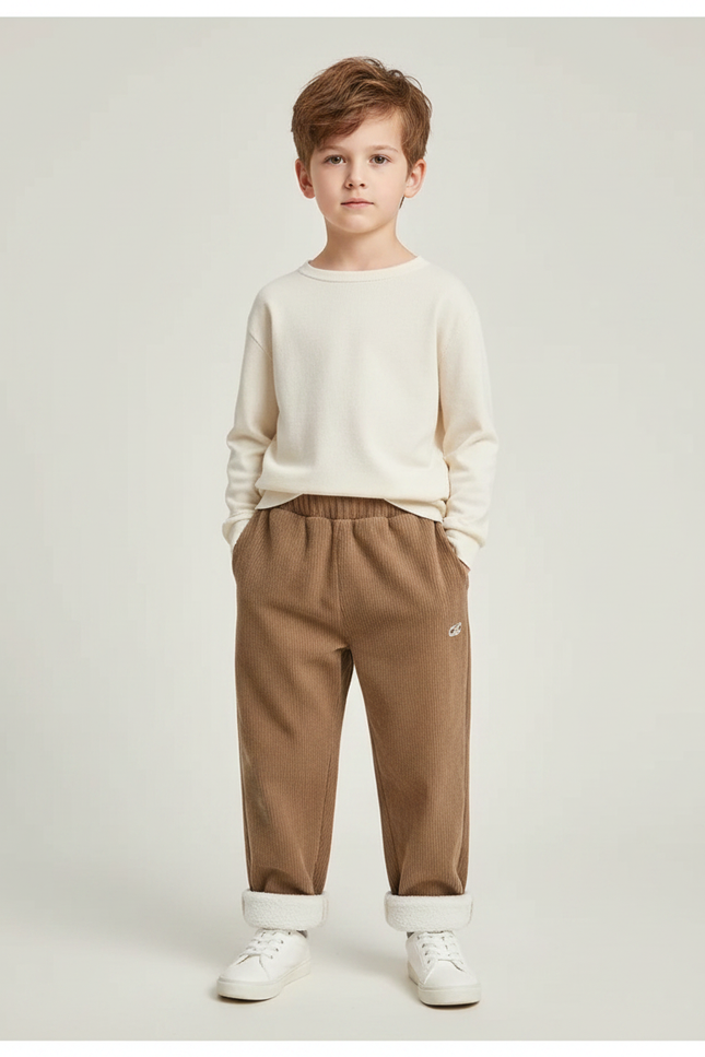 Pantalon Parachute Côtelé Marron Doublé Polaire Enfant - Cordé