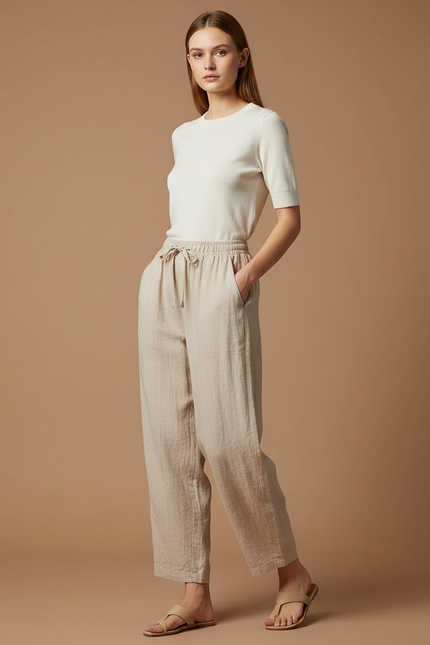 Pantalon Parachute Beige Lin Ample Décontracté Fluide