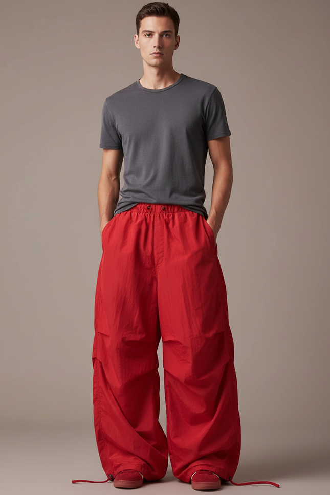 Pantalon Parachute Rouge Ample Cargo Femme Hip Hop - Polyester