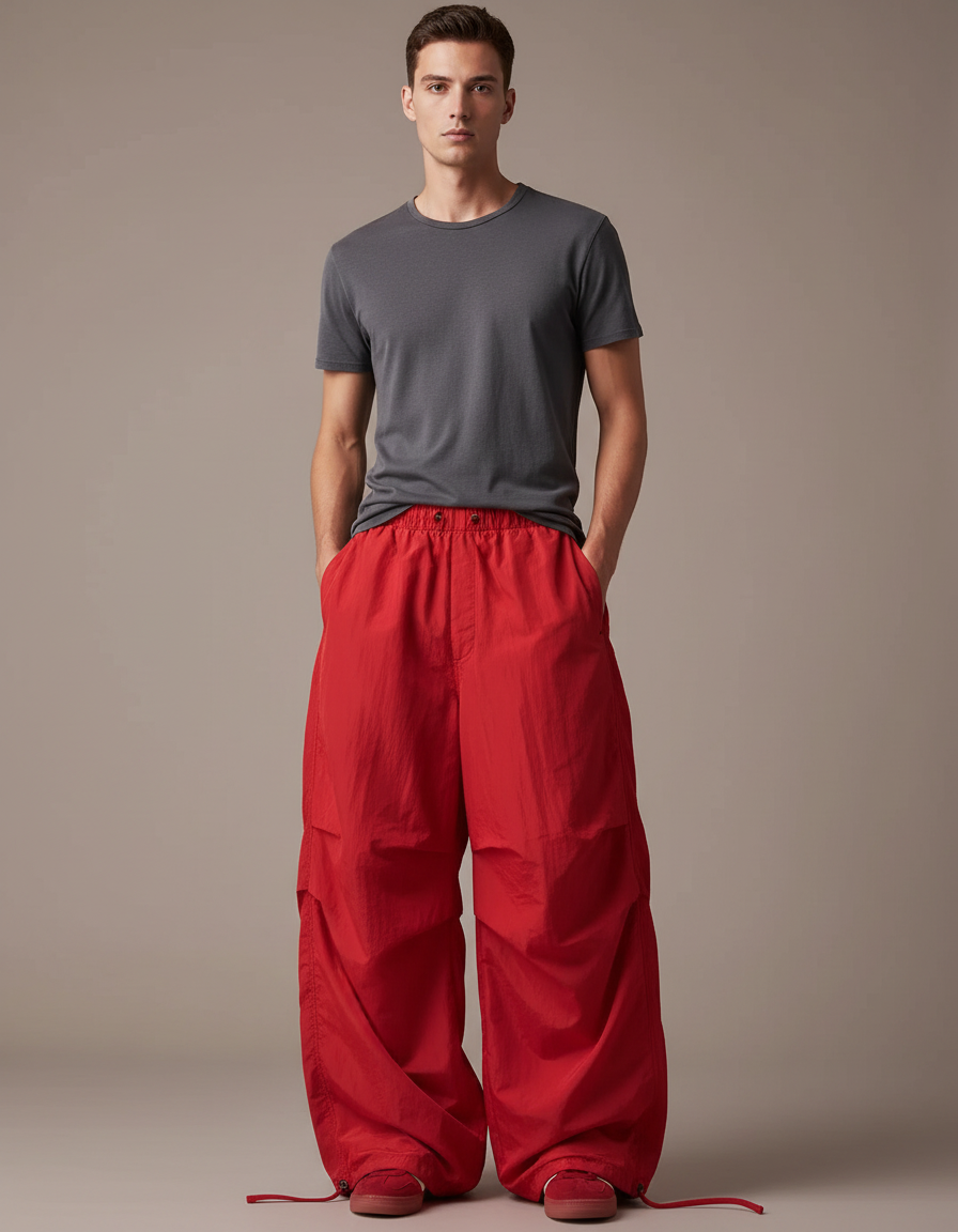Pantalon Parachute Rouge Ample Cargo Femme Hip Hop - Polyester
