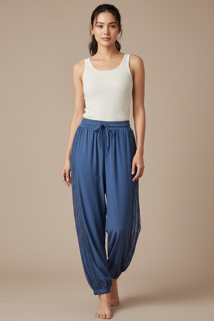 Pantalon Parachute Bleu Fluide Harem Dentelle Femme - Viscose