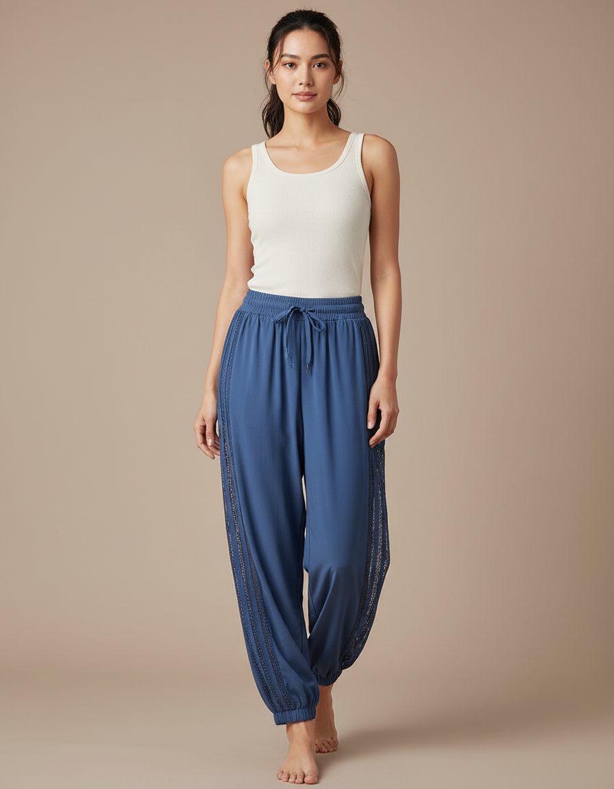 Pantalon Parachute Bleu Fluide Harem Dentelle Femme - Viscose