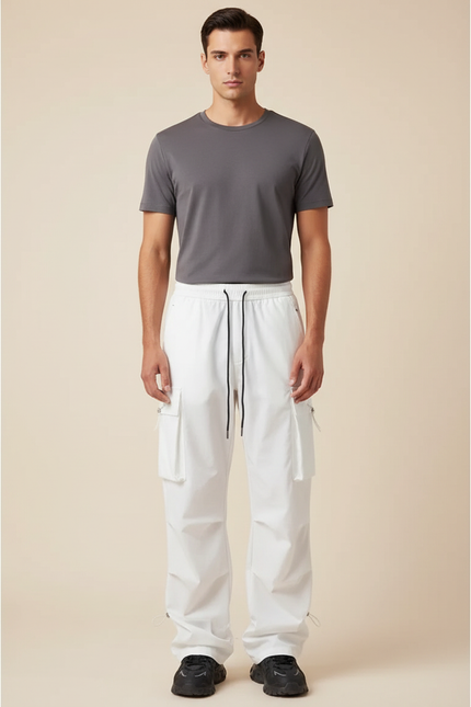Pantalon Parachute Blanc Ample Cargo Cordon Homme - Polyester