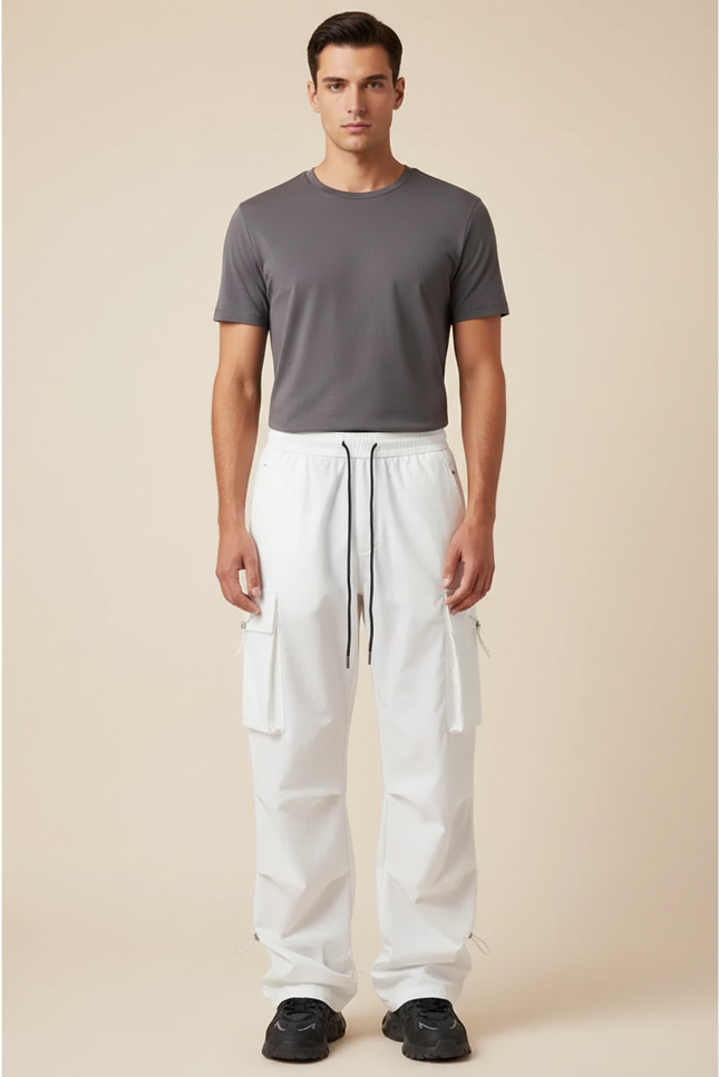 Pantalon Parachute Blanc Ample Cargo Cordon Homme - Polyester