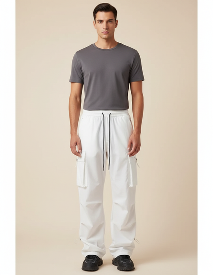 Pantalon Parachute Blanc Ample Cargo Cordon Homme - Polyester