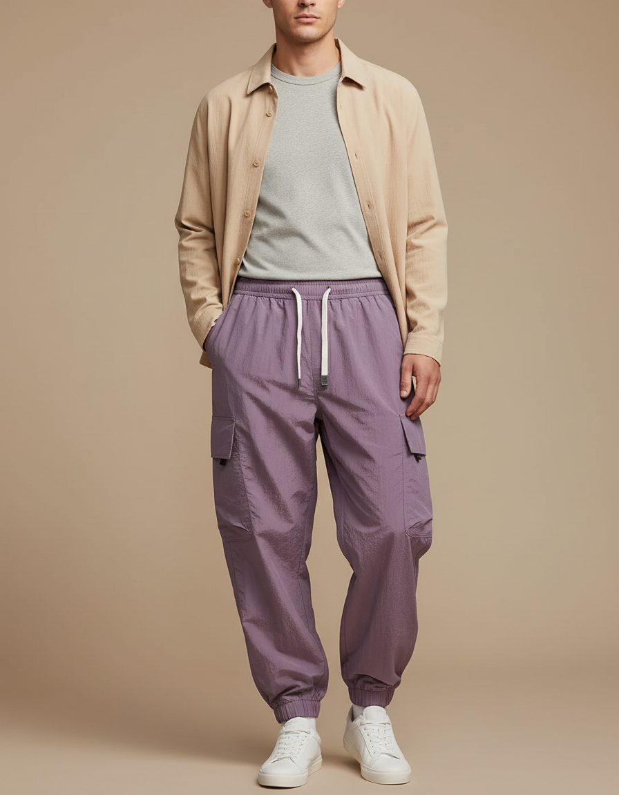 Pantalon Parachute Lilas Cargo Ample Homme - Violet Polyester