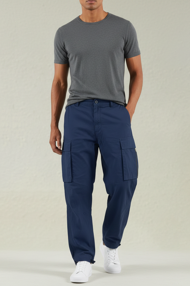 Pantalon Parachute Bleu Marine Ample Cargo Coton Homme
