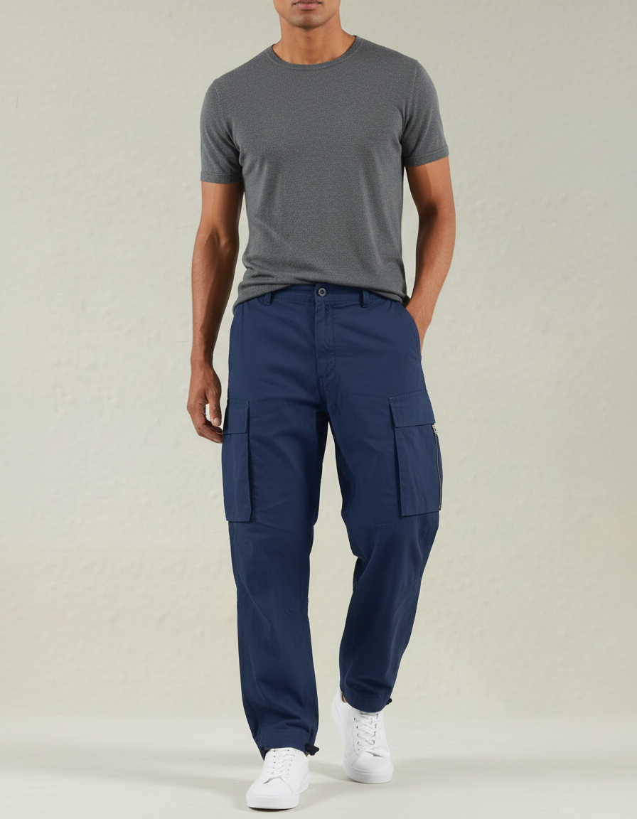 Pantalon Parachute Bleu Marine Ample Cargo Coton Homme