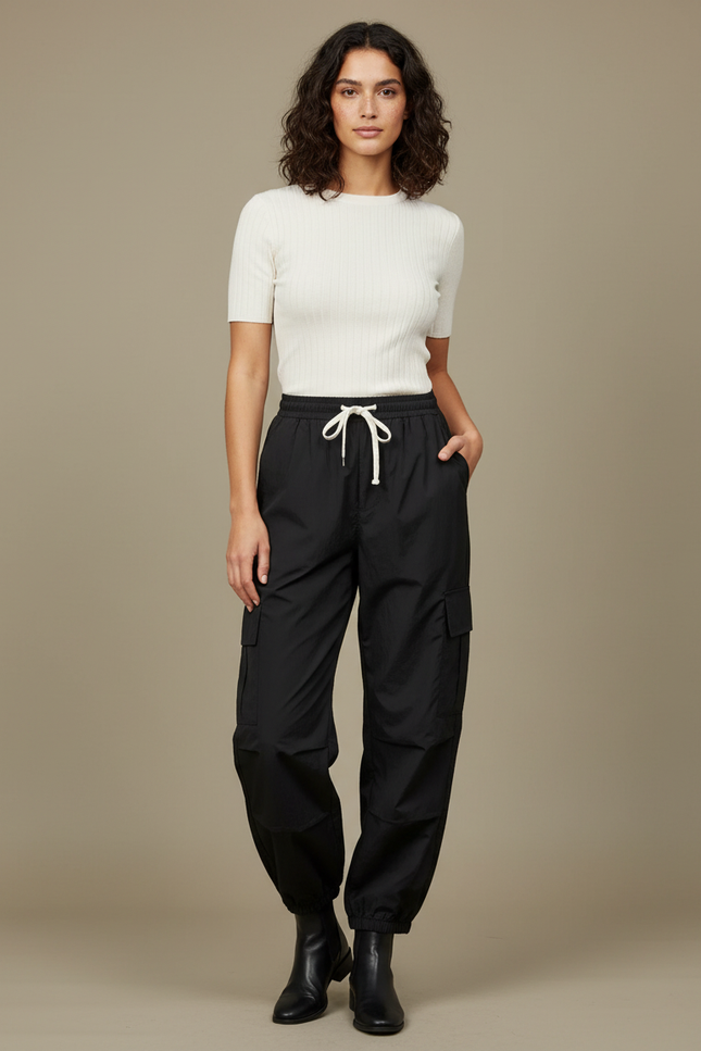 Pantalon Parachute Femme Noir Cargo Nylon Streetwear - Polyester