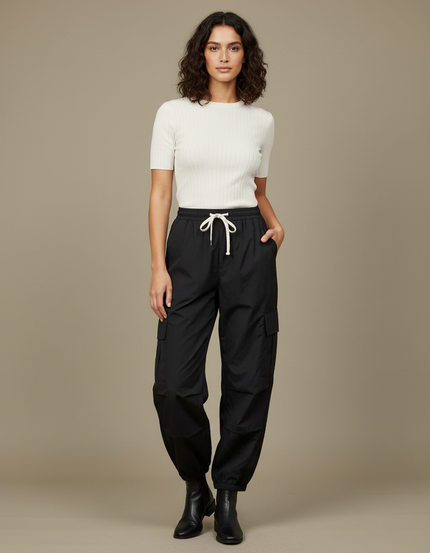 Pantalon Parachute Femme Noir Cargo Nylon Streetwear - Polyester