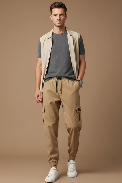 Pantalon Parachute Beige Cargo Léger Décontracté Homme - Polyester