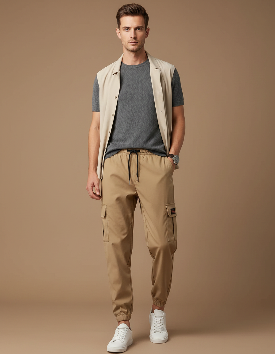 Pantalon Parachute Beige Cargo Léger Décontracté Homme - Polyester